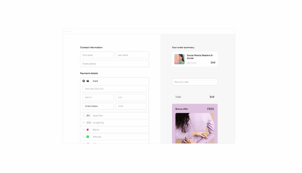 The front facing look of a Flodesk checkout payment page for online business owners with digital products 